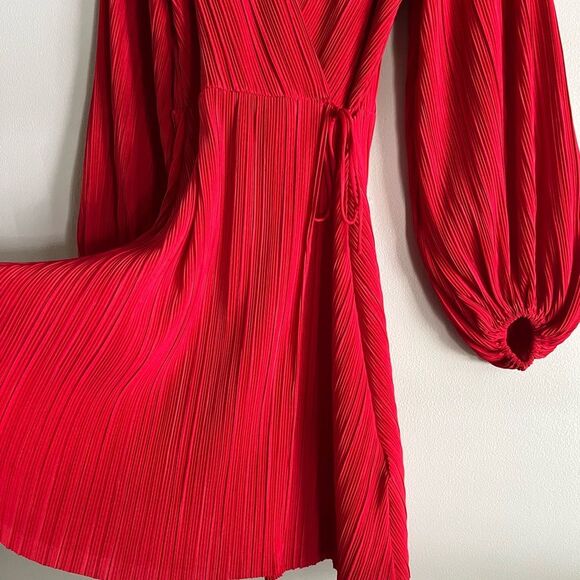 H&M Red Pleated Faux Wrap Dress XS – Balloon Sleeves Party Holiday Cocktail - Picture 4 of 7